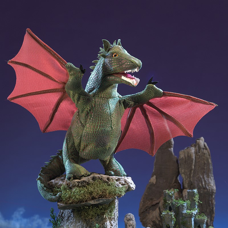 Folkmanis hand puppet dragon with spread red wings and open mouth, green scaled, posed on a rock