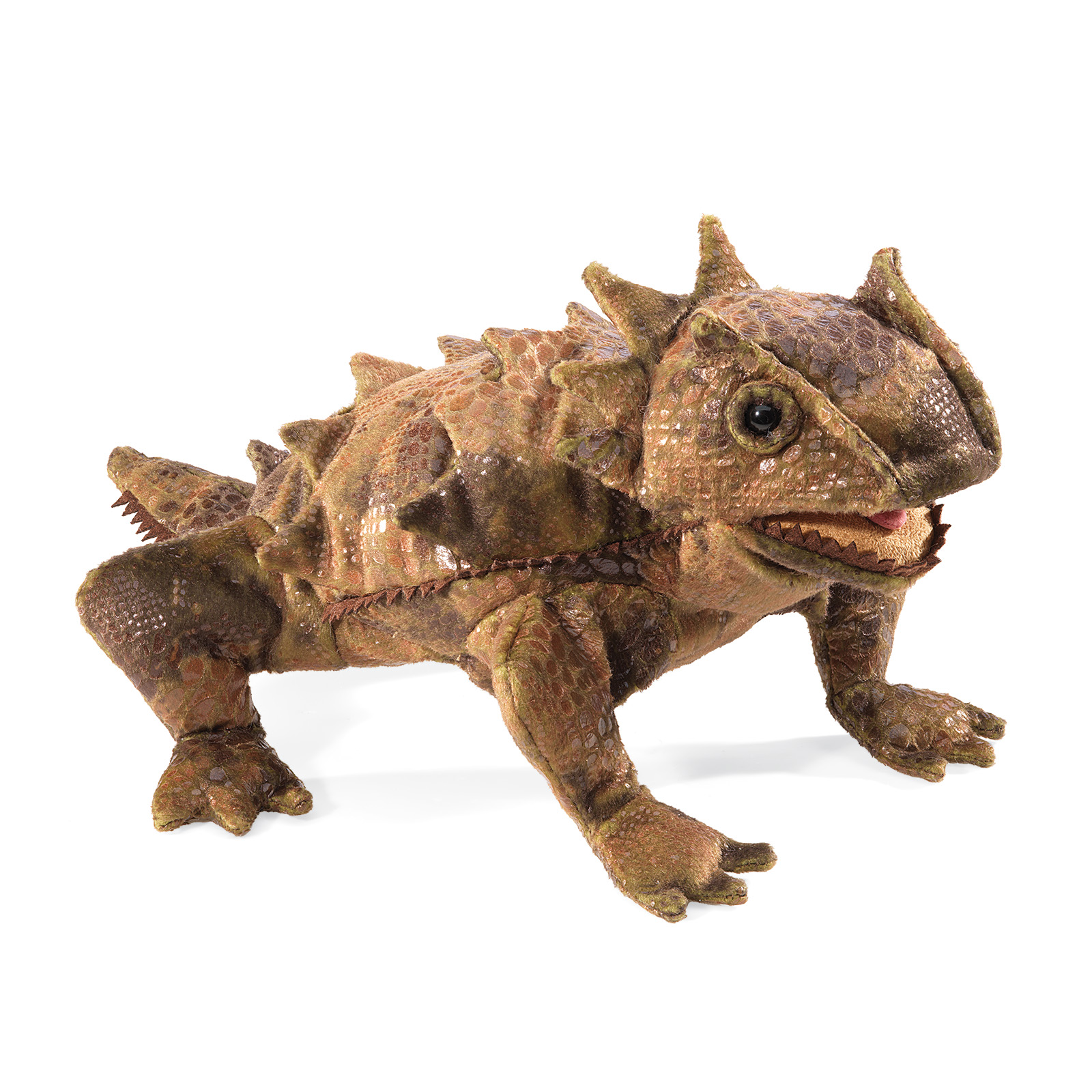Folkmanis hand puppet horned lizard in brown tones with spiky scales and open mouth, side view