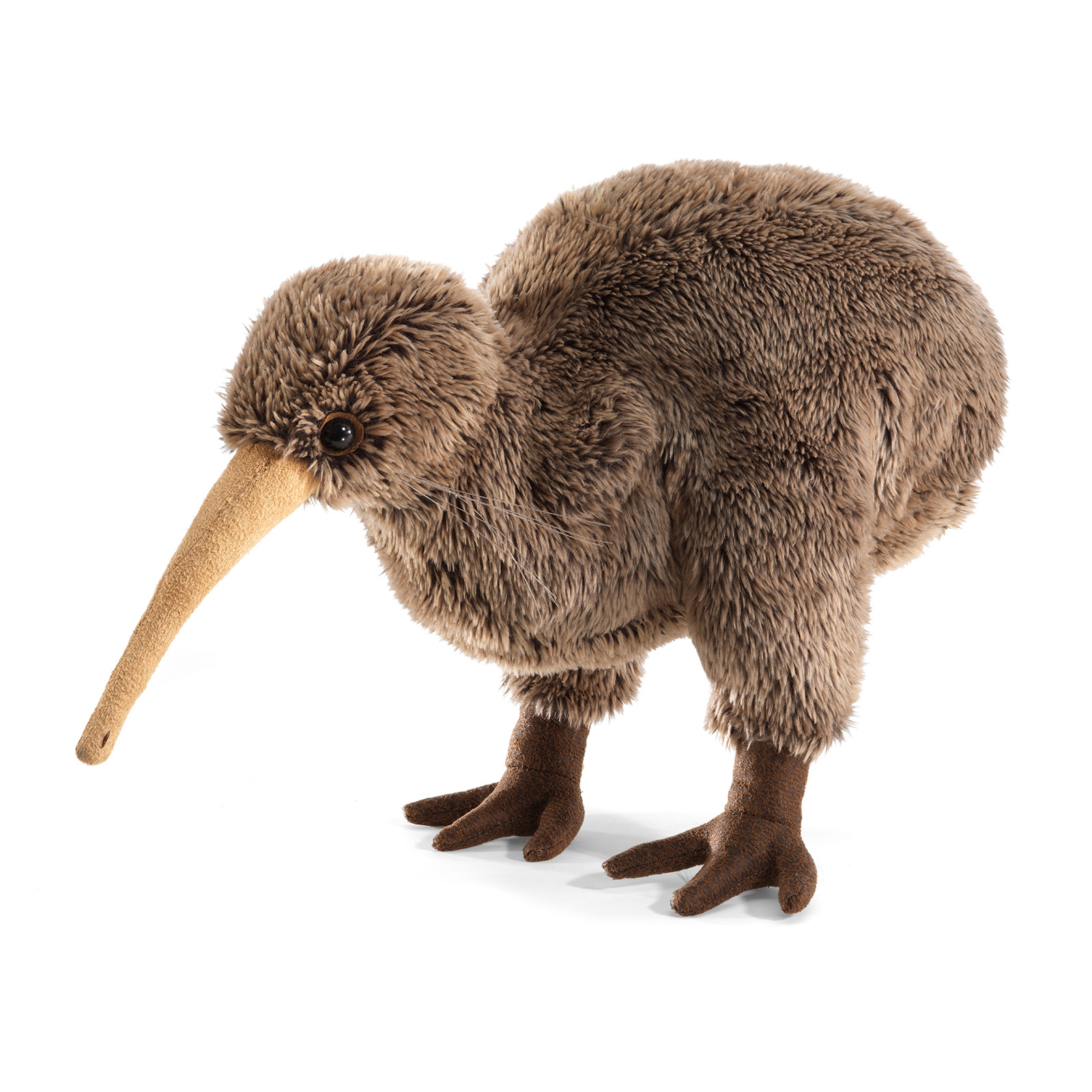 Folkmanis Kiwi-Handpuppe aus braunem Plüsch mit langem beigefarbenem Schnabel und dunklen Füßen, stehend in Seitenansicht