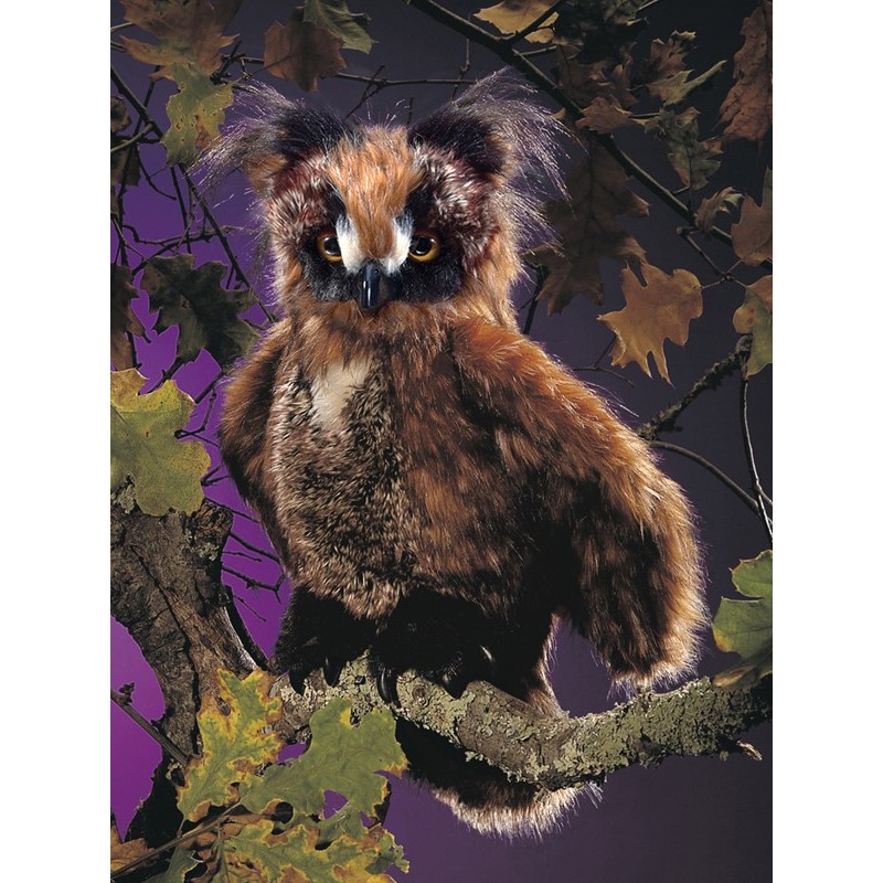 Folkmanis hand puppet owl with reddish-brown plumage and yellow eyes, sitting on a branch, front view