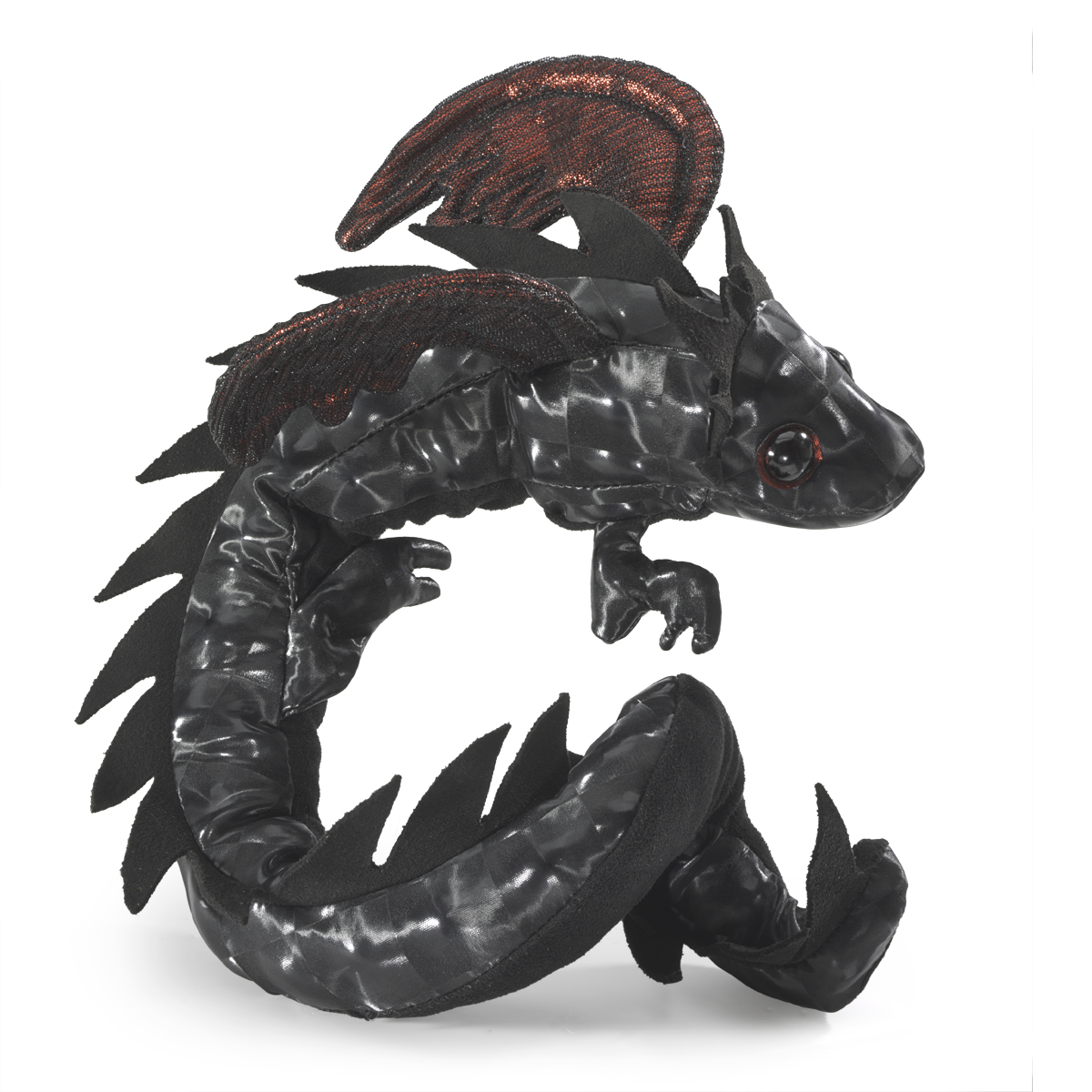 Folkmanis Fingerpuppe Drachen Armband in Schwarz mit glänzendem Schuppenmuster, rotschimmernden Flügeln und aufgerolltem Schwanz