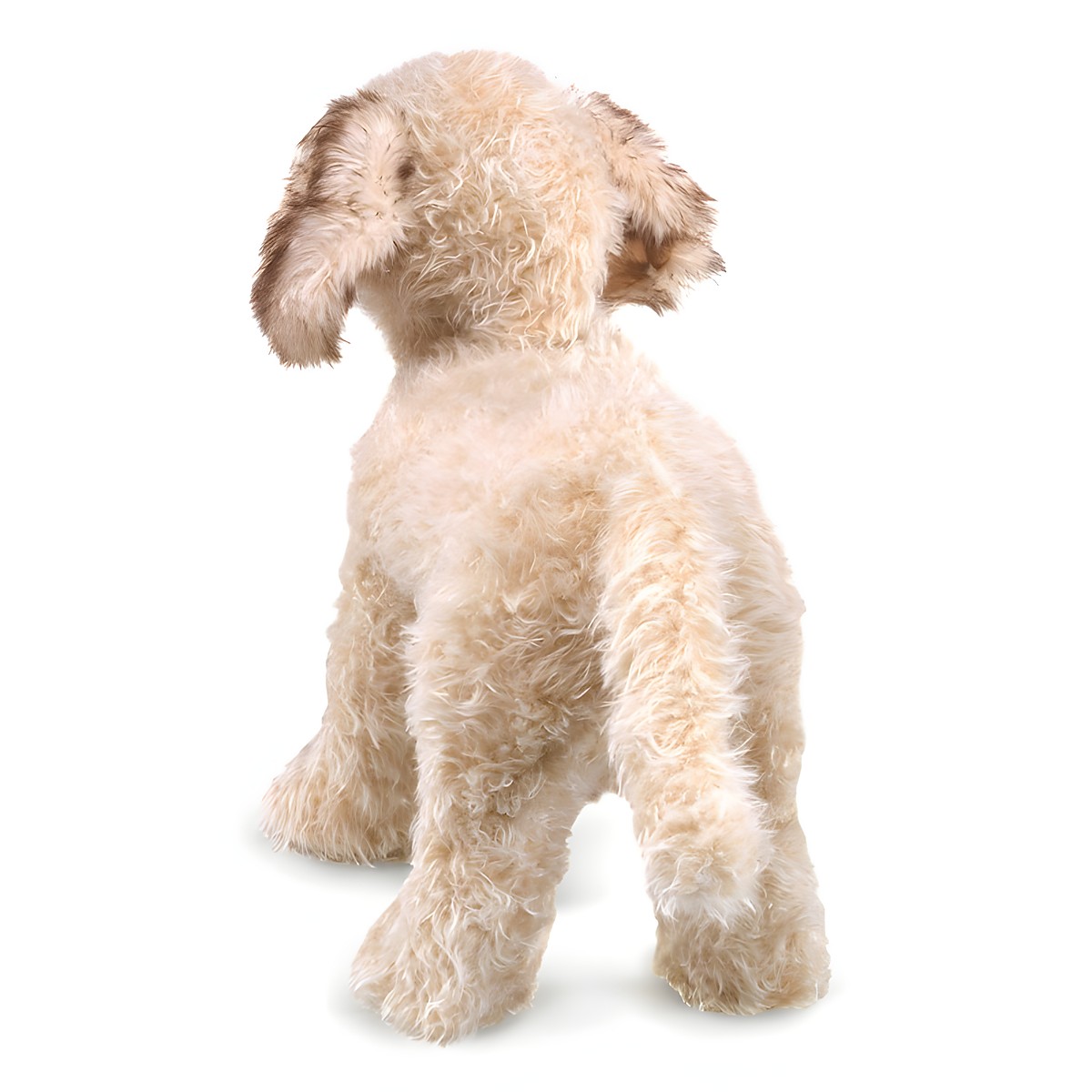Folkmanis Labradoodle hand puppet with curly beige fur, shown seated in a three-quarter rear view