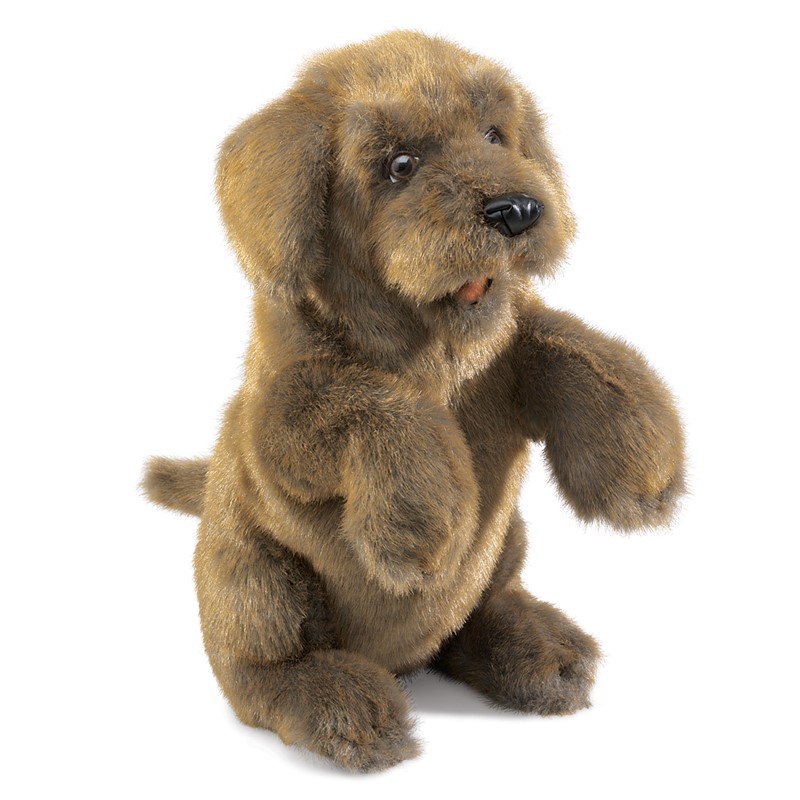 Folkmanis Handpuppe sitzender Hund mit braunem Fell und schwarzer Nase, angehobene Pfote, frontale Ansicht