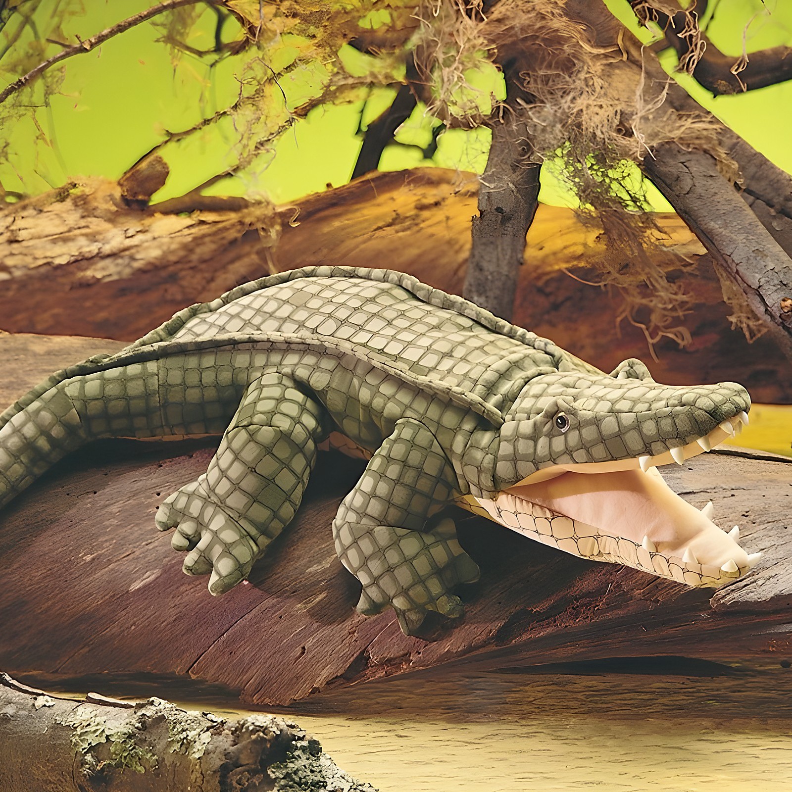 Folkmanis alligator hand puppet with open mouth and detailed green scale texture, lying on a tree trunk