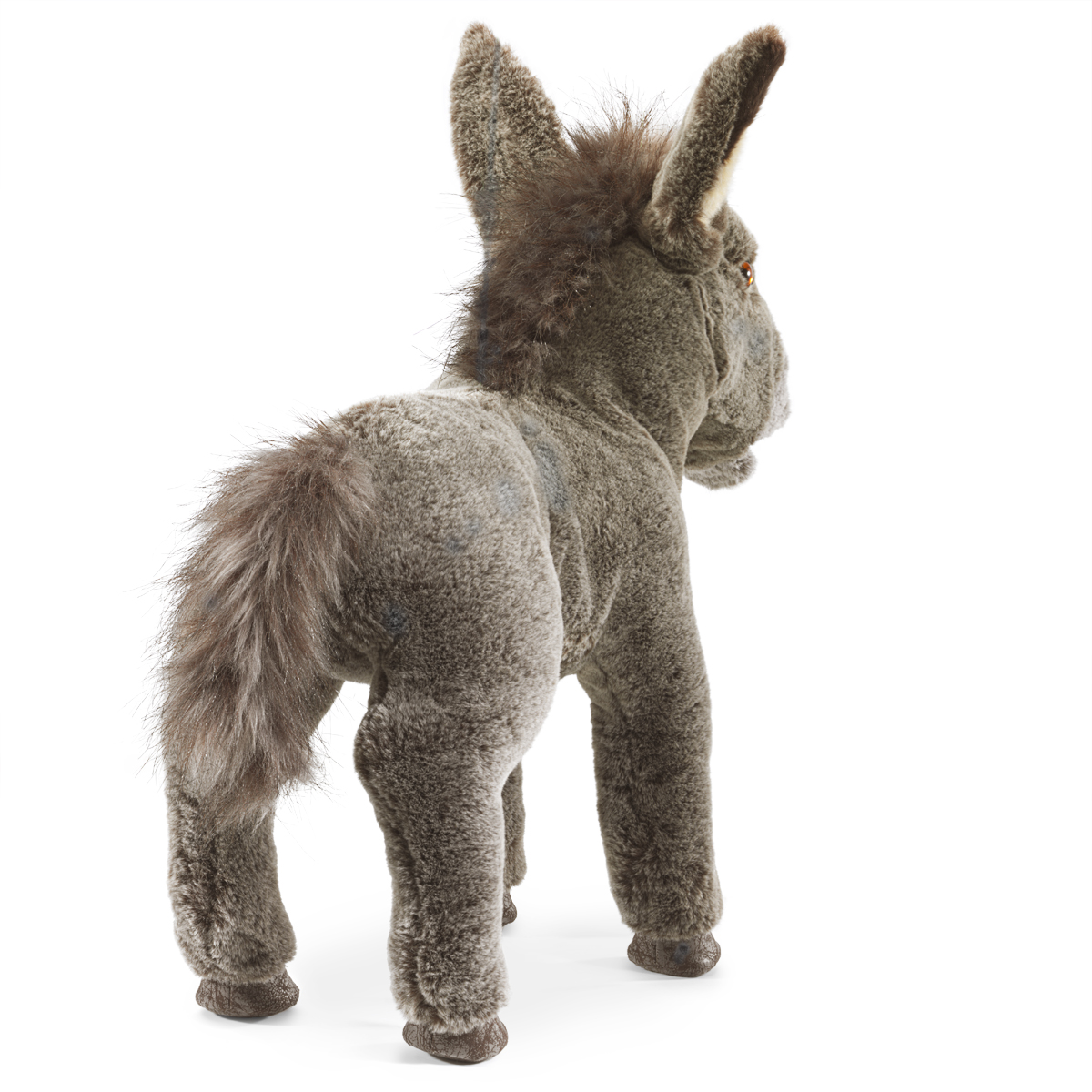 Folkmanis Handpuppe Eselbaby in grauem Plüsch, stehend in Schrägansicht von hinten, mit buschigem Schwanz und aufgestellten Ohren