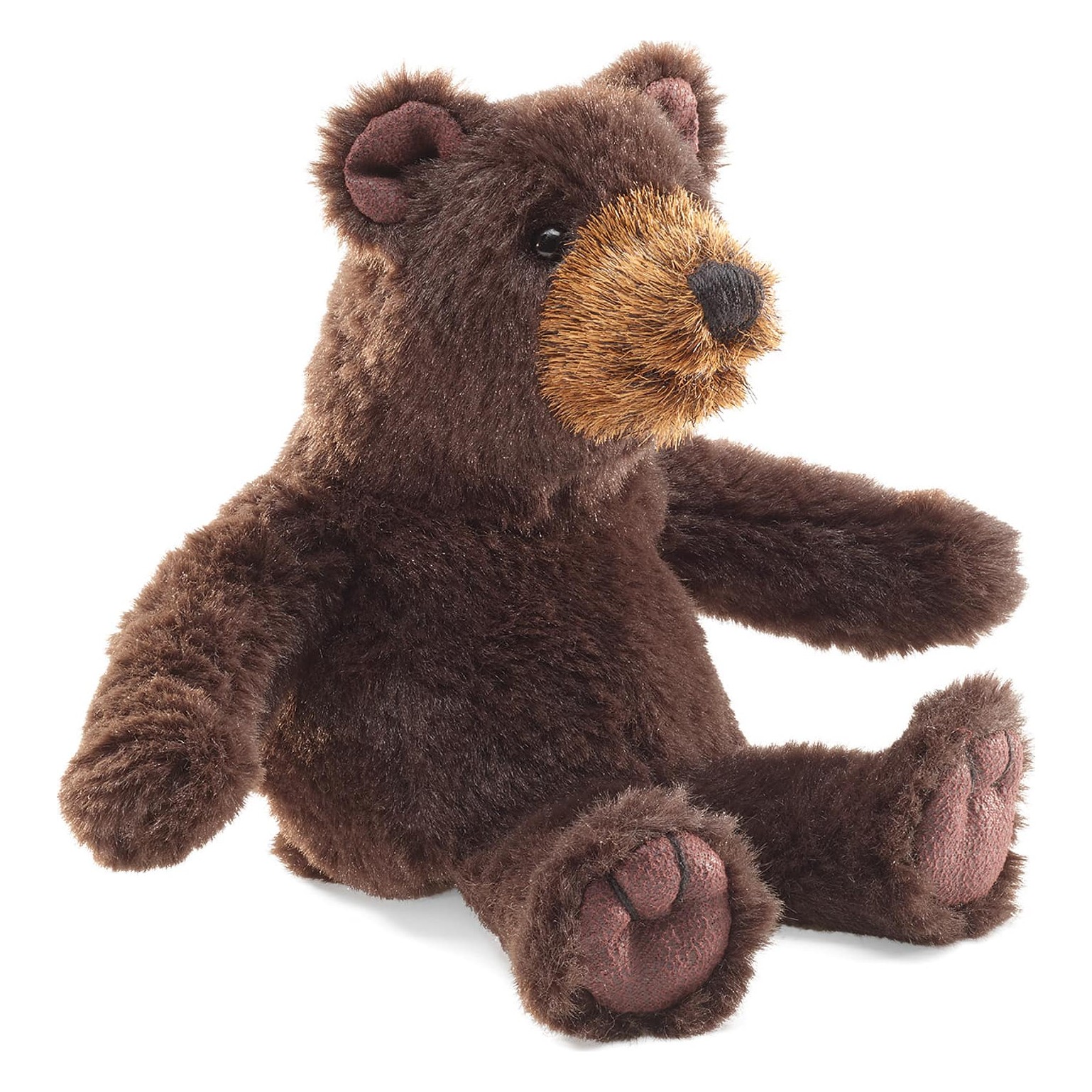 Folkmanis Fingerpuppe mini Bär in dunkelbraunem Plüsch, sitzend mit hellbraunem Gesicht, Schrägansicht