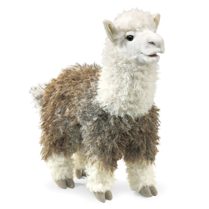 Folkmanis Alpaka-Handpuppe stehend, zweifarbiges zotteliges Fell in Braun-Grau und Weiß, Schrägansicht