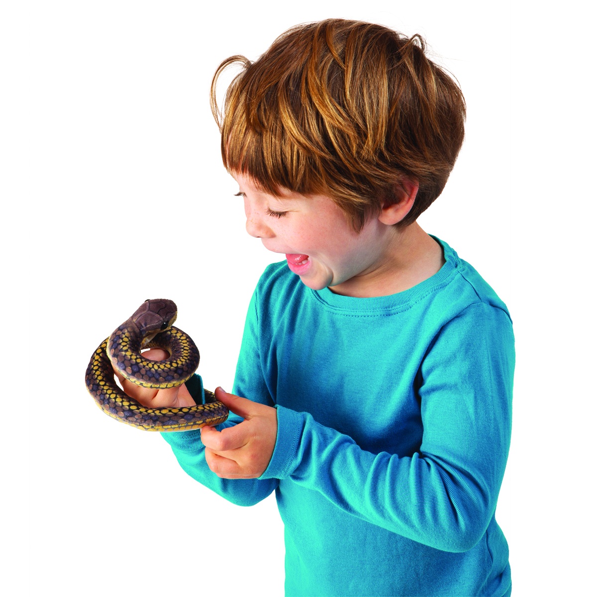 Child holding a Folkmanis mini snake finger puppet with a dark brown scale pattern on their fingers, mouth open