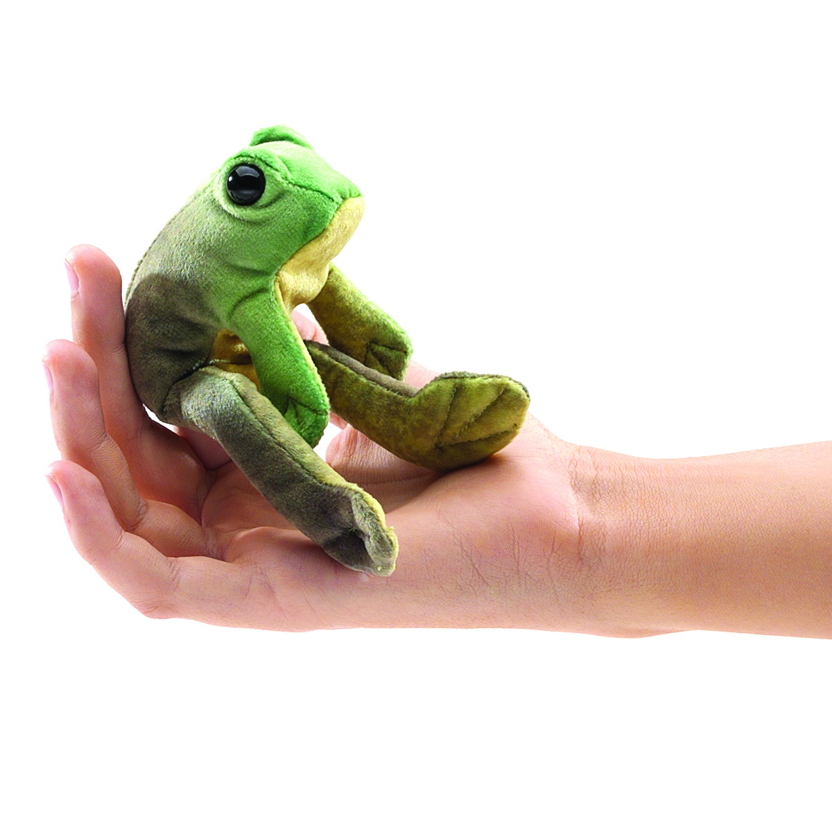 Folkmanis Mini-Fingerpuppe sitzender Frosch in Grün-Braun, auf einer geöffneten Handfläche sitzend, Seitenansicht