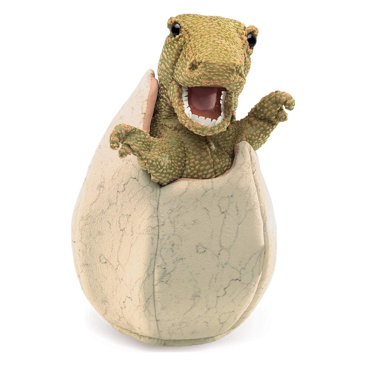 Folkmanis Handpuppe Saurierbaby im Ei: grünes Dinosaurier-Baby mit geöffnetem Maul schlüpft aus beigem Plüsch-Ei