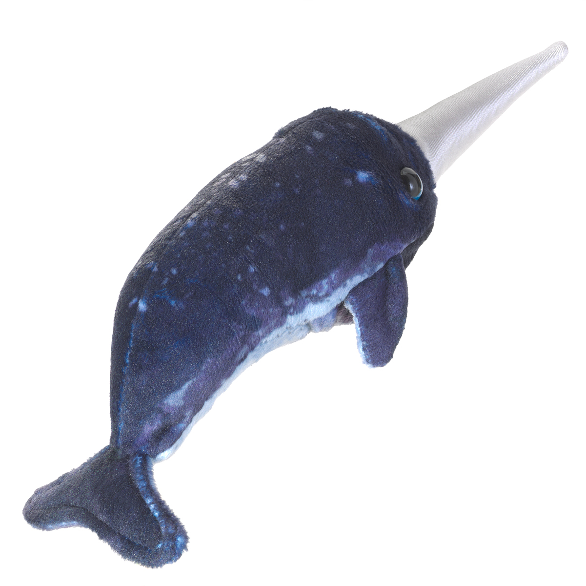 Folkmanis mini narwhal finger puppet in dark blue with a white tusk and spotted fur, side view