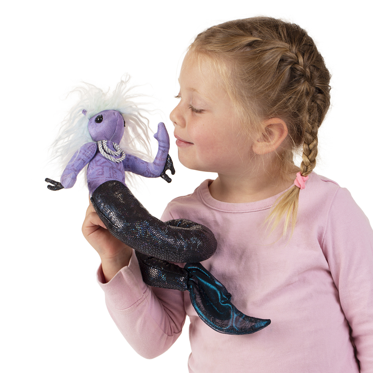Folkmanis Fingerpuppe mini Meeresnymphe in Violett mit weißer Mähne und dunklem Schuppenschwanz, von Kind an Finger geführt