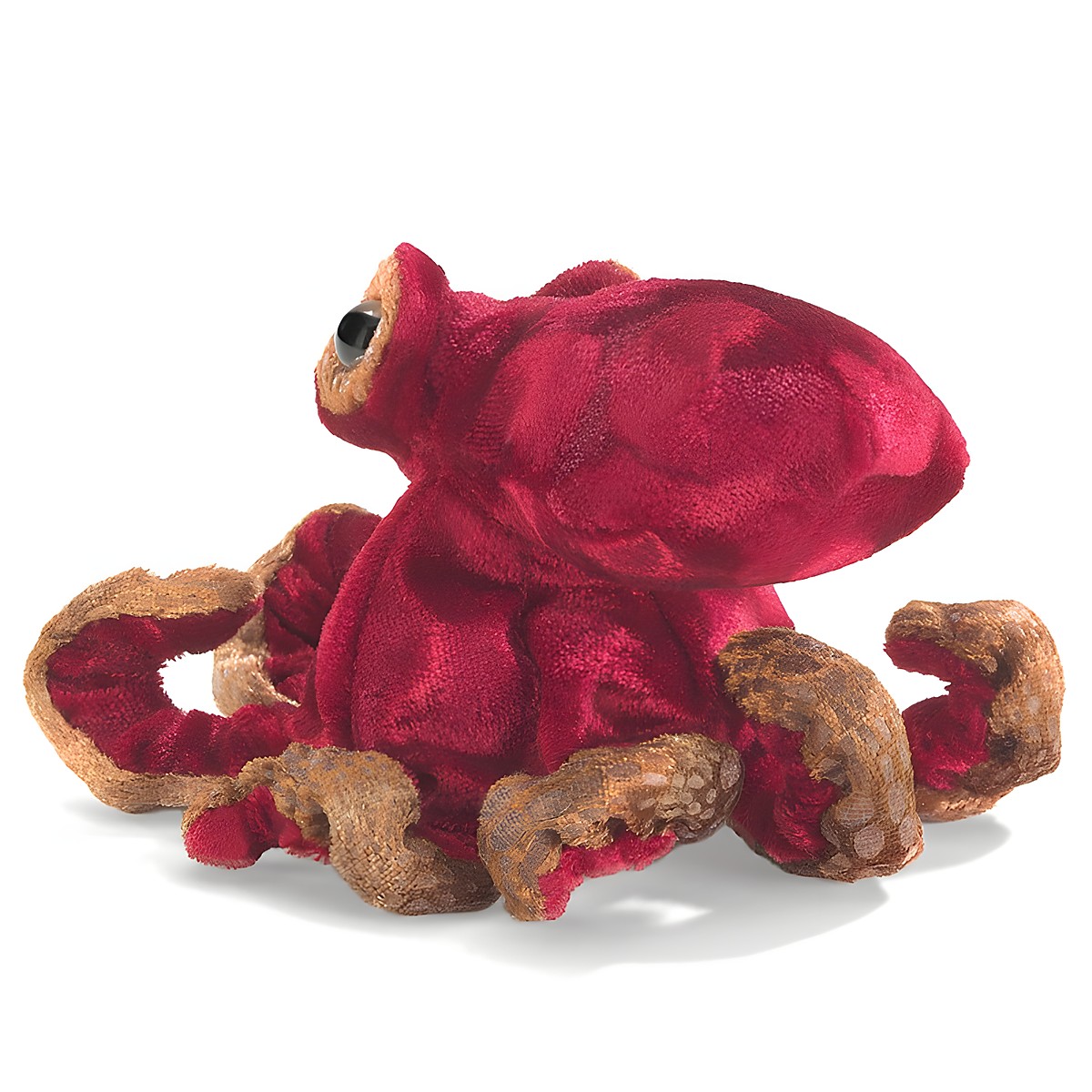 Folkmanis mini octopus finger puppet in dark red with brown tentacles, angled rear view