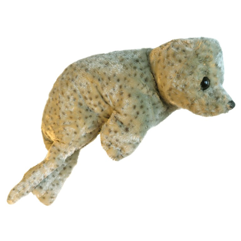 Folkmanis Handpuppe Seerobbenbaby in beige-grauem Plüsch mit dunklen Flecken, schwarzem Auge, Seitenansicht