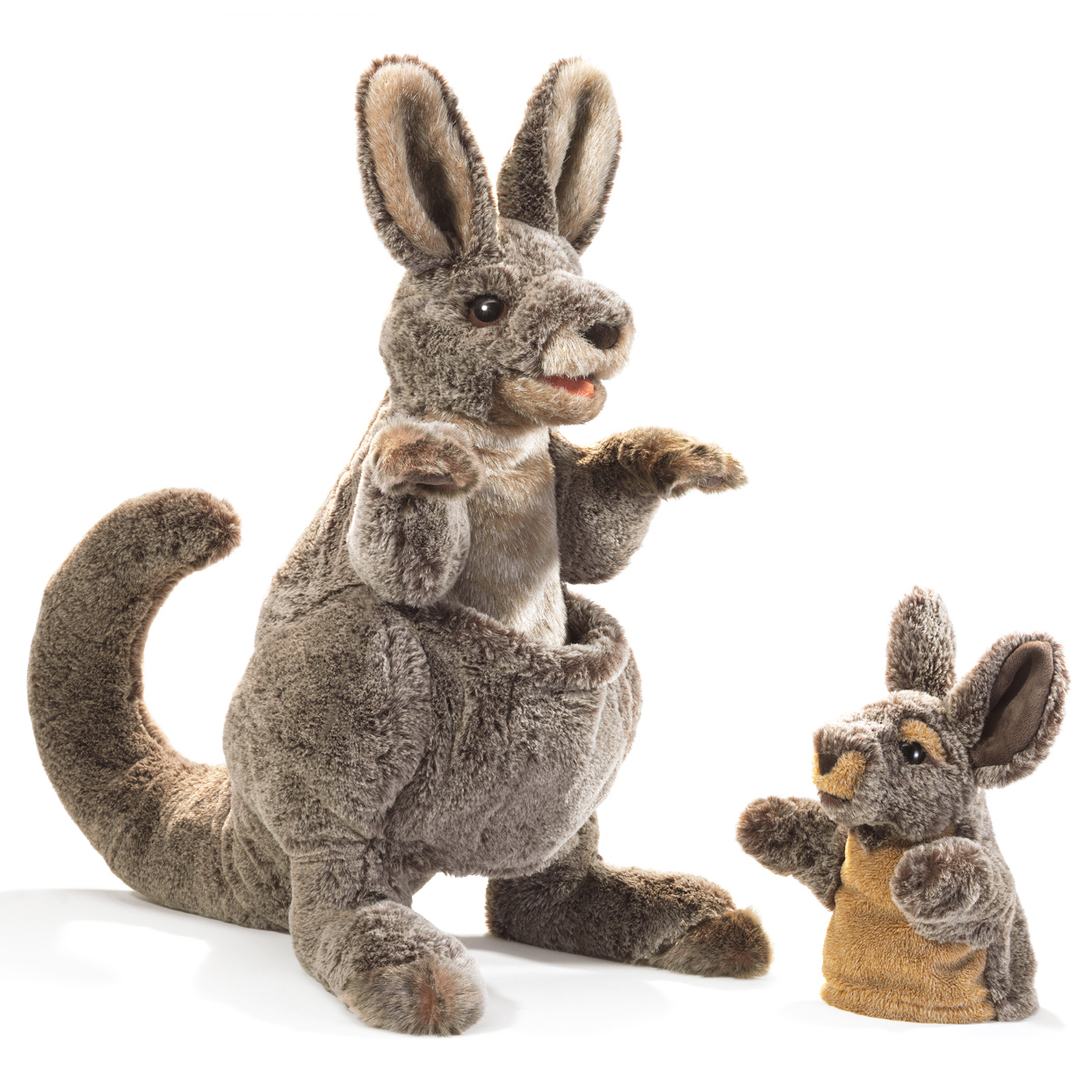 Folkmanis hand puppet kangaroo in grey-brown with movable mouth, next to a smaller baby kangaroo finger puppet in golden-brown