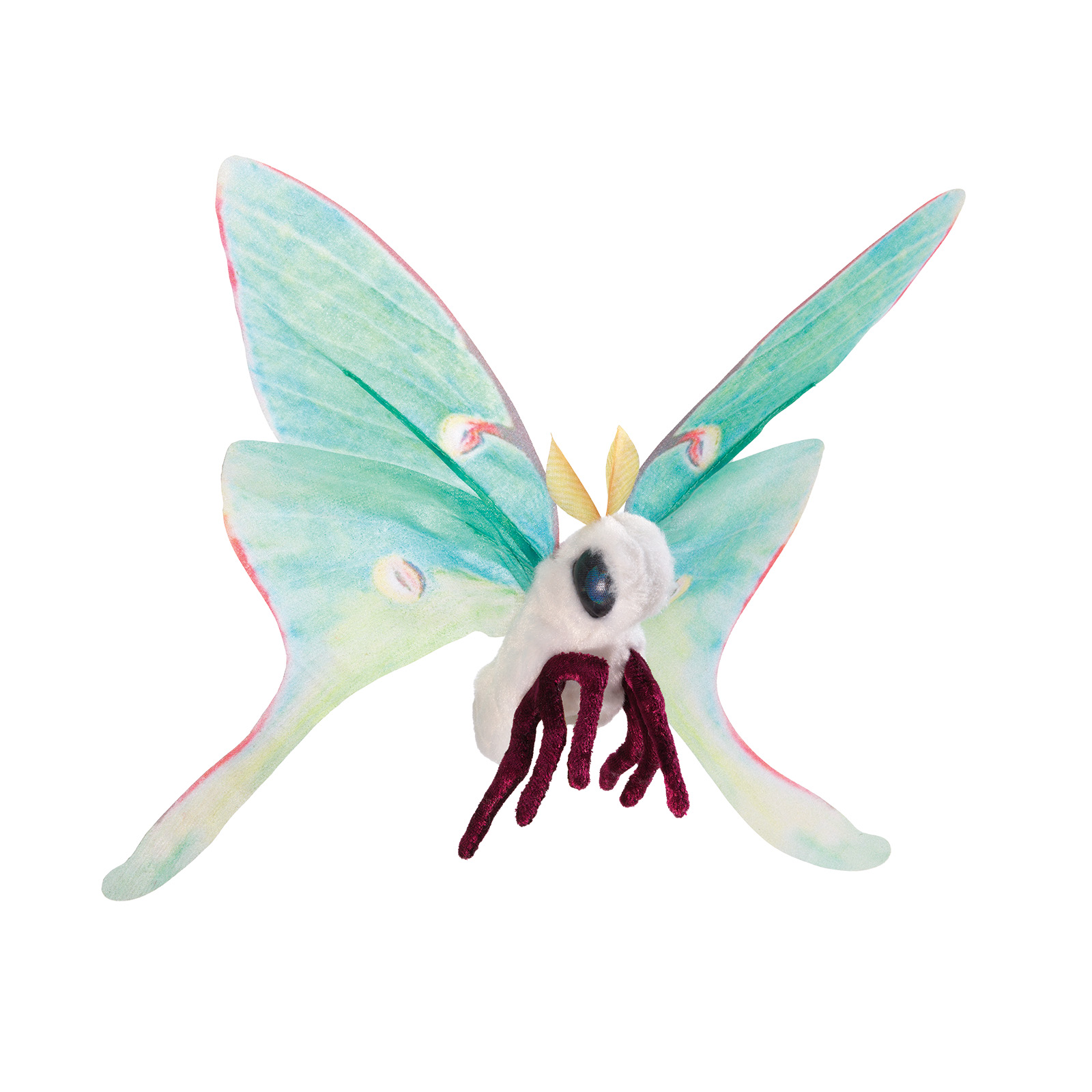 Folkmanis Fingerpuppe mini Lunamotte mit mintgrünen Flügeln, weißem Körper und dunkelroten Beinchen, Frontalansicht