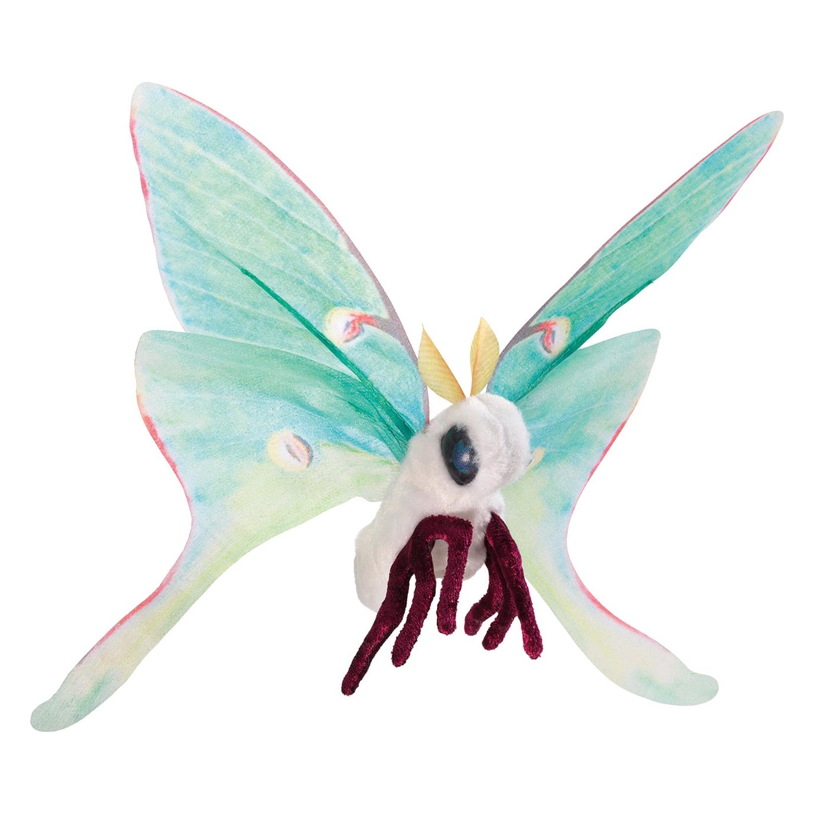 Folkmanis Fingerpuppe mini Lunamotte mit mintgrünen Flügeln, weißem Körper und dunkelroten Beinchen, Frontalansicht
