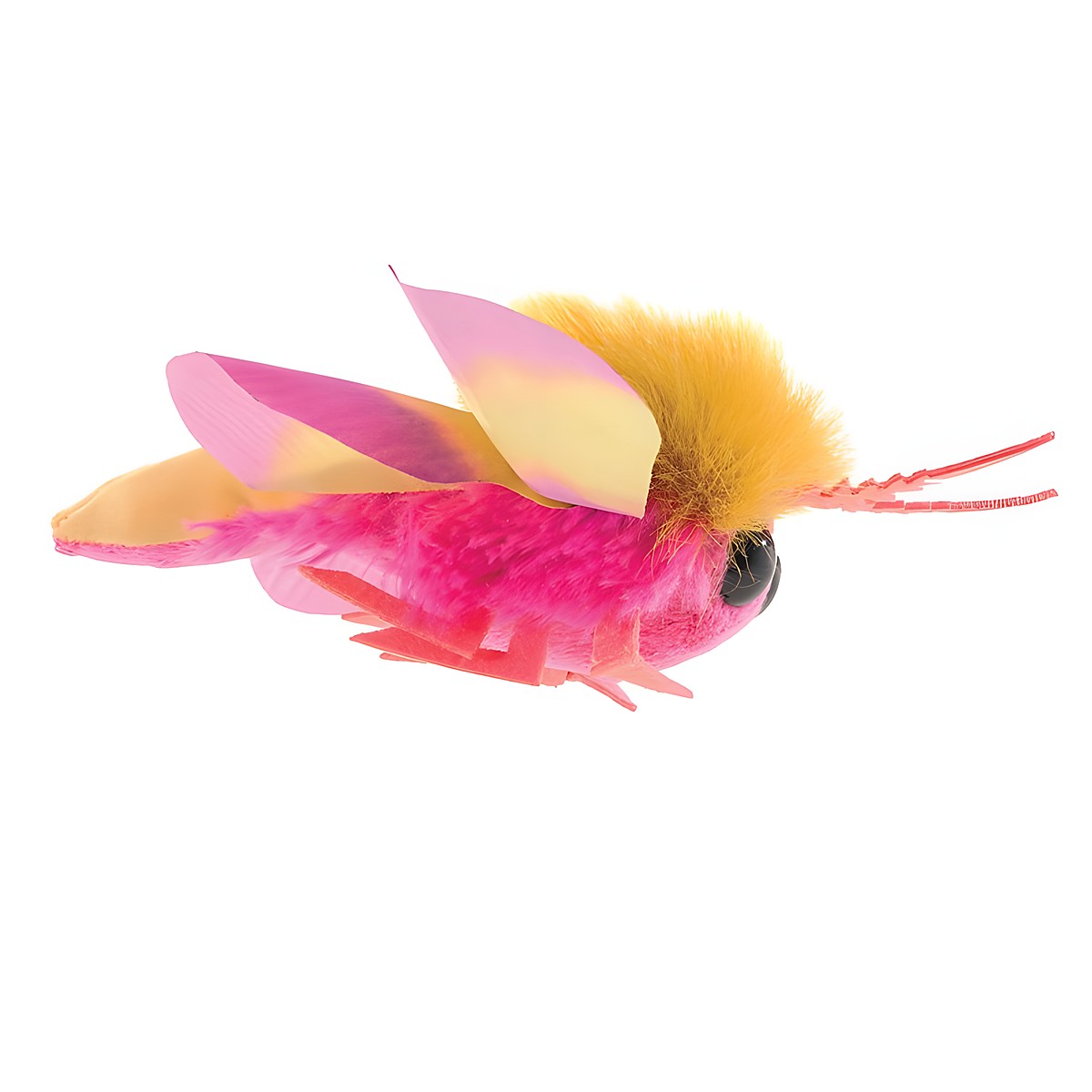 Folkmanis Fingerpuppe mini Rosa Ahornmotte in Knallrosa mit gelbem Pelzkopf und halbtransparenten Flügeln, Seitenansicht