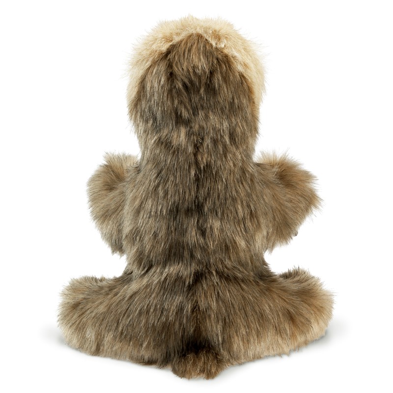 Folkmanis Handpuppe Faultierbaby von hinten, braun-beiges zotteliges Plüschfell, sitzende Pose