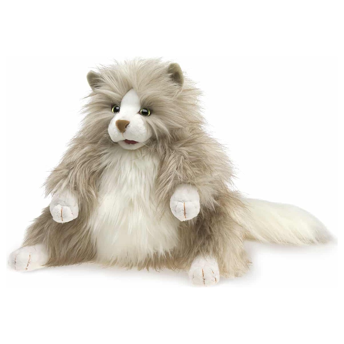 Folkmanis Handpuppe flauschige Katze mit grau-weißem Langfell, gelben Augen und buschigem Schwanz, sitzend in Seitenansicht
