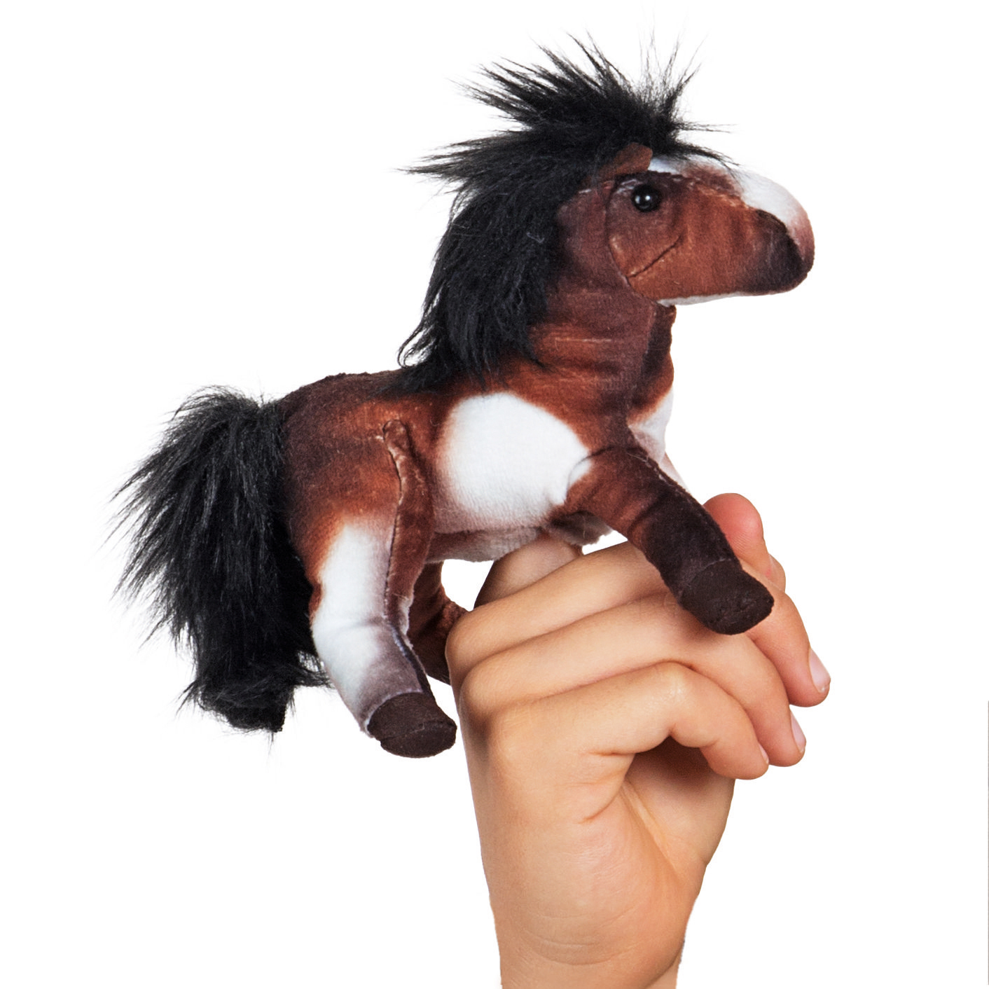 Folkmanis Fingerpuppe mini Pferd in Braun-Weiß mit schwarzer Mähne, auf einem Zeigefinger gesteckt, Seitenansicht