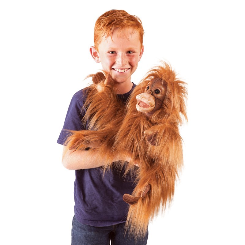 Boy holding a Folkmanis baby orangutan hand puppet with shaggy reddish-brown fur and a movable mouth against a white background