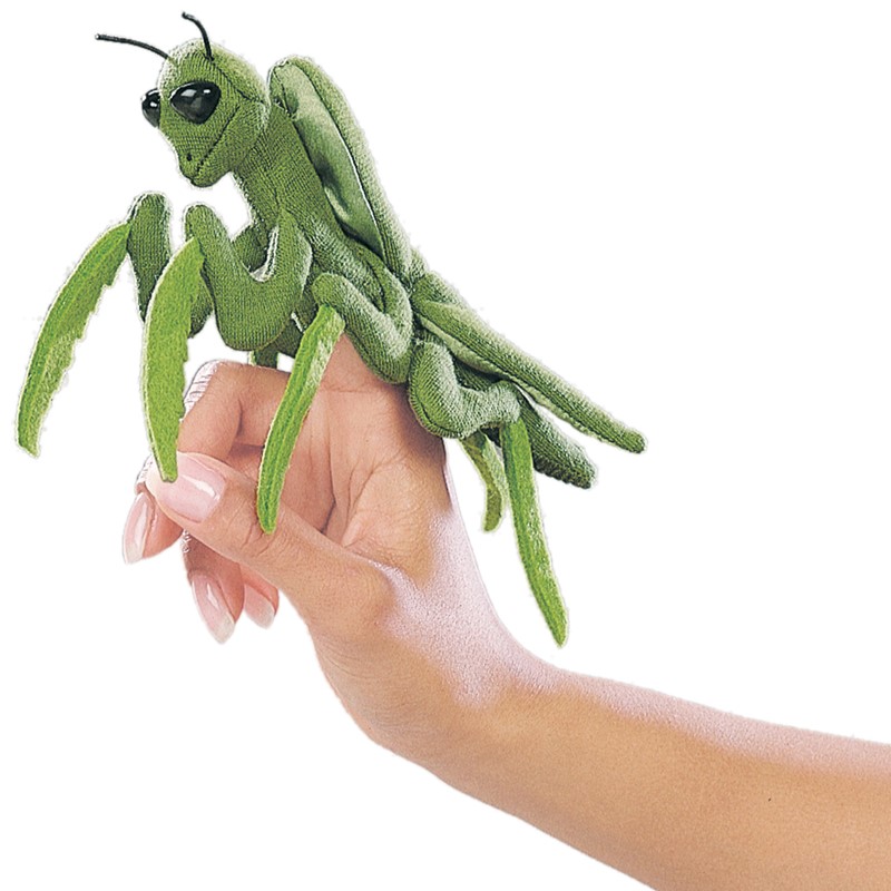 Folkmanis Fingerpuppe mini Gottesanbeterin in Grün auf einem Finger, mit schwarzen Augen und typischer Beutefang-Pose