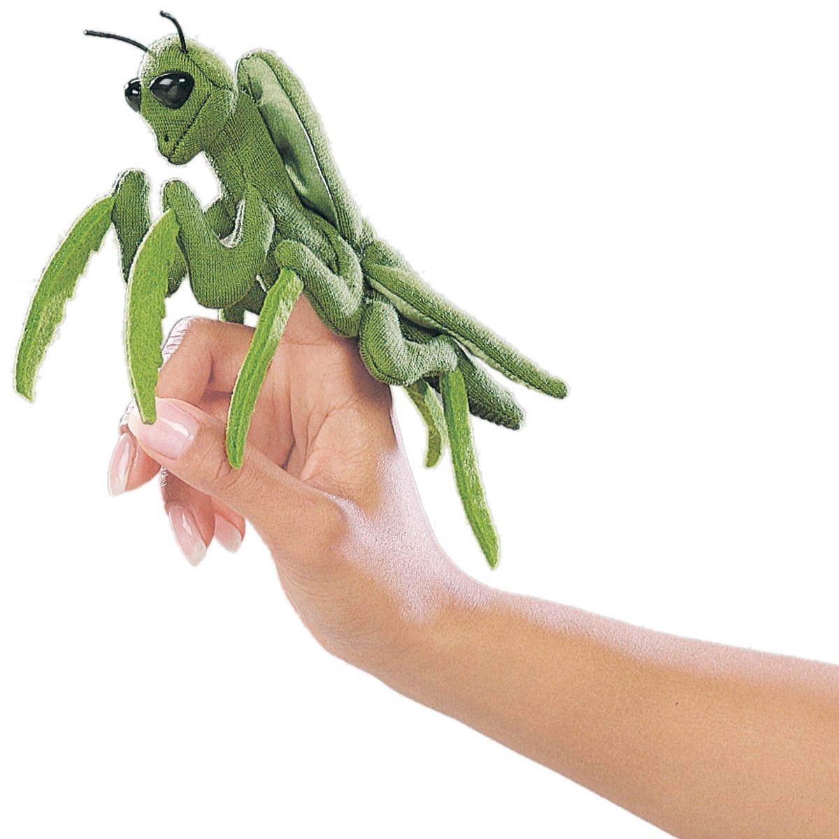 Folkmanis Fingerpuppe mini Gottesanbeterin in Grün auf einem Finger, mit schwarzen Augen und typischer Beutefang-Pose