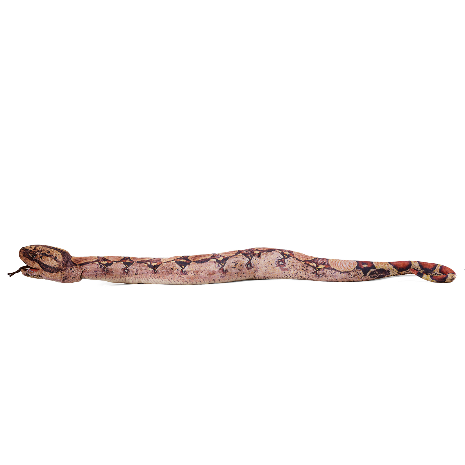 Folkmanis Handpuppe Boa Constrictor in voller Länge gerade ausgestreckt, der Kopf mit leicht geöffnetem Maul nach links.