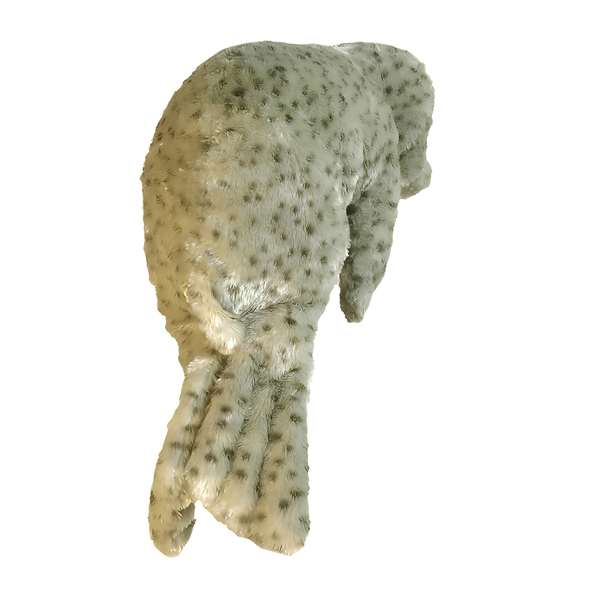 Folkmanis hand puppet baby harbour seal in light grey with dark spots, top-down view of the back