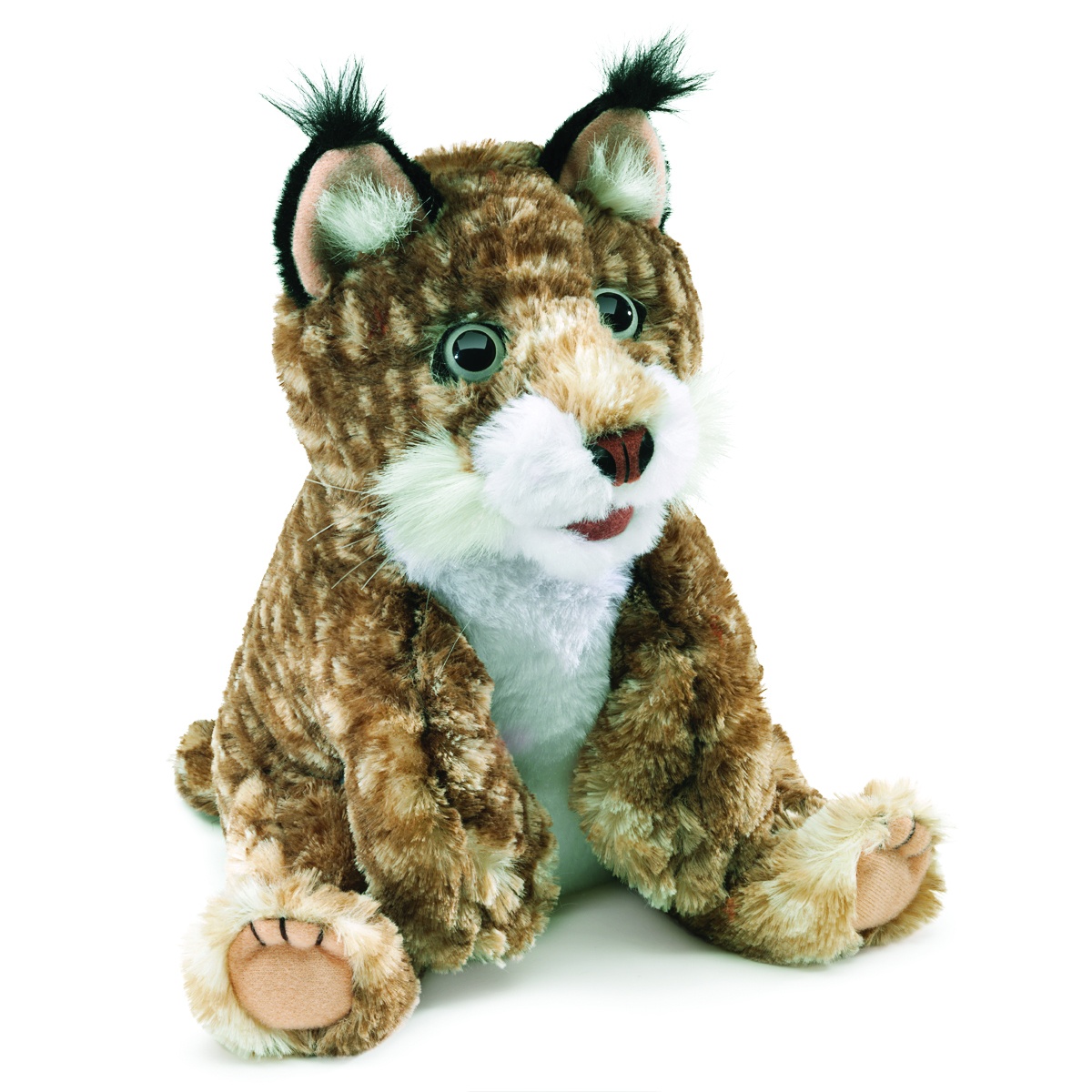 Folkmanis Handpuppe Rotluchs-Baby sitzend, braun-getigertes Fell, schwarze Ohrpinsel, beweglicher Maul, Frontalansicht