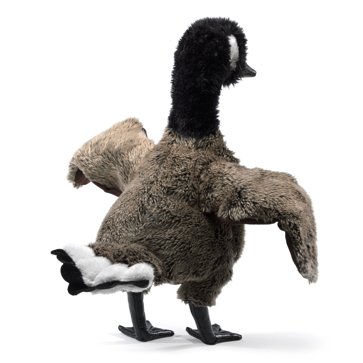 Folkmanis Canada Goose hand puppet with black neck, white cheek patch and spread wings, side view