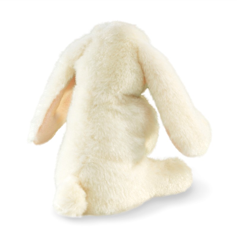 Folkmanis Fingerpuppe mini Widderkaninchen in Cremeweiß, Rückenansicht mit langen herabhängenden Ohren